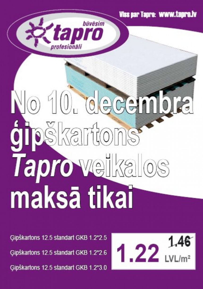 autors: Tapro veikalos ģipškartonam īpaša akcijas cena!