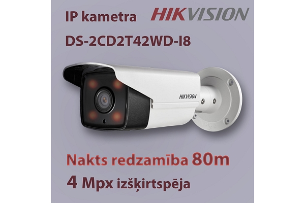 IP kamera Hikvision DS-2CD2T42WD-I8. Izšķirtspēja 4 Mpx. Nakts redzamība līdz 80 m